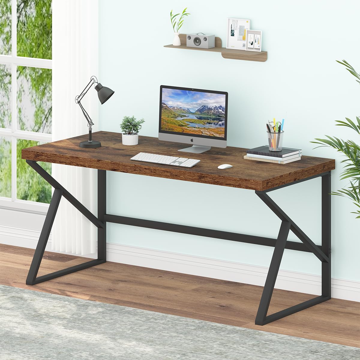 HSH Rustic Computer Desk Large Executive Writing Study Work Desk for Home Office Industrial Metal Wooden PC Laptop Long Desk Workstation Modern Bedroom Living Room Table Rustic Brown 60 Inch